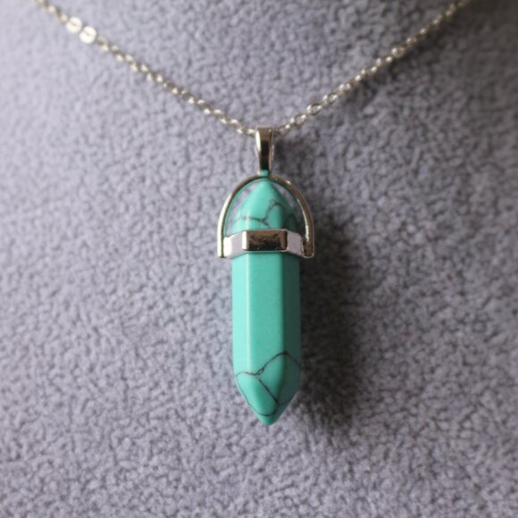 Turquoise Howlite Crystal Point Necklace – Silver Tone Chain, Healing Stone Pend - Picture 2 of 5